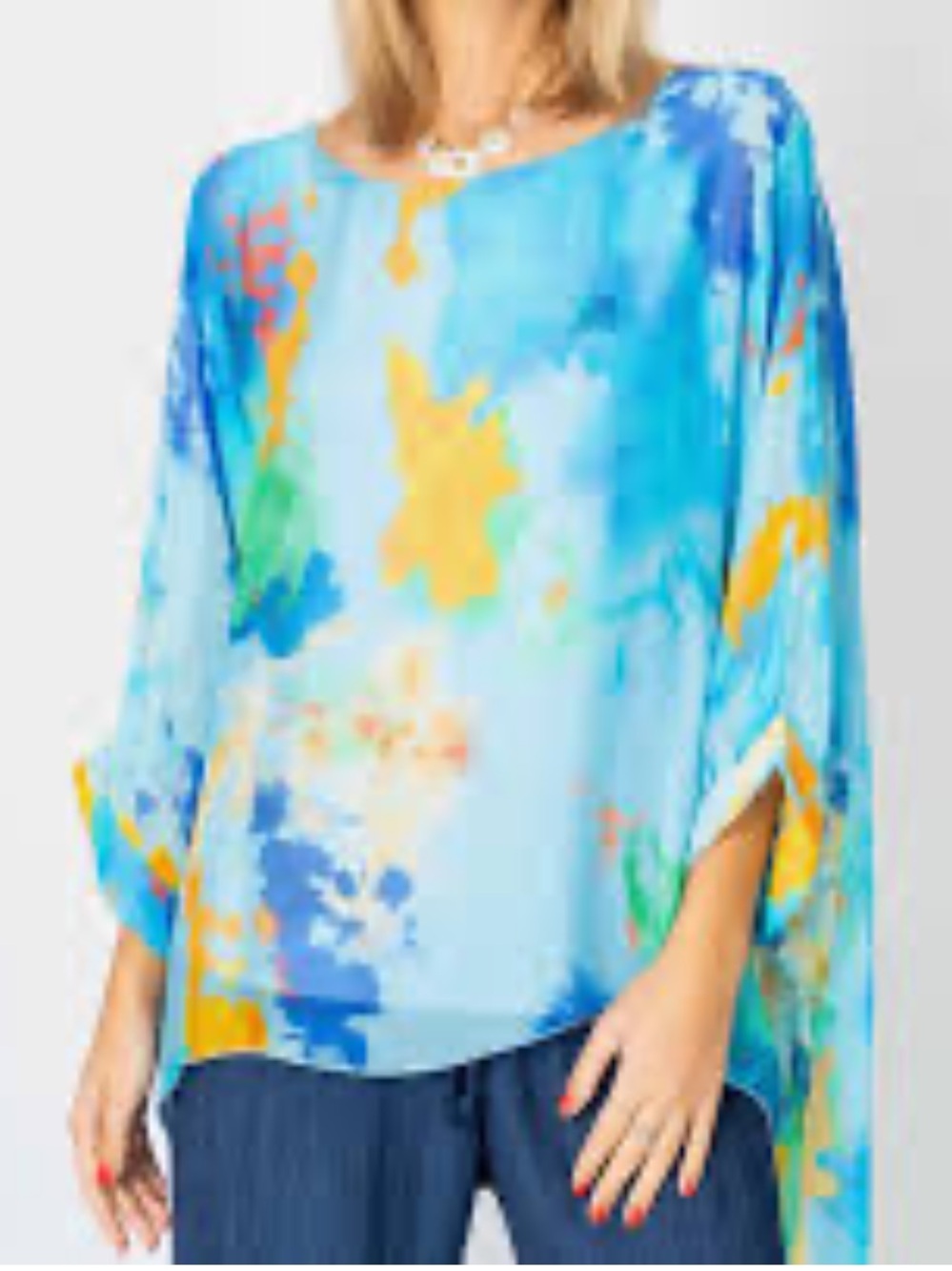 Fashion Italy Vibrant Blue Multicolor Watercolor Tunic L